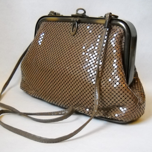 Brown Metal Mesh Purse Shoulder Bag Day Evening Unique Antique Brass Frame - Picture 1 of 8